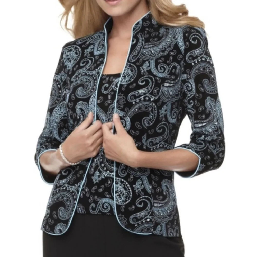 Alex Evenings Jacket & Sleeveless Top Paisley Sparkle Mandarin Collar Dressy XL